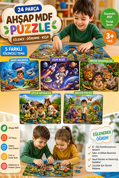 kutuTR 24 Parça Ahşap MDF Puzzle Seti 18x25 cm – Eğitici ve Eğlenceli Çocuk Y...