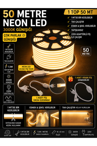 ECONA 50 METRE Neon Led Şerit Led,GÜNIŞIĞI-3000K, Esnek Led Çok Parlak,Led, K...