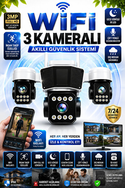 MEYTECH X5-95W 3 Lensli Kablosuz Wifi Güvenlik Kamerası Hareket Algılama Bild...