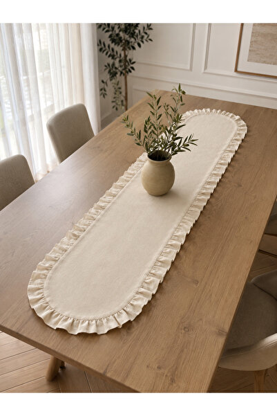 linea natura home Kenarı Fırfırlı Krem Keten Bohem Vintage Runner