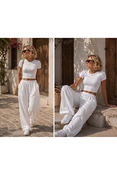 ibeeka - Tricou crop basic cu mânecă scurtă 100% bumbac // Galben - Alb - Neg...