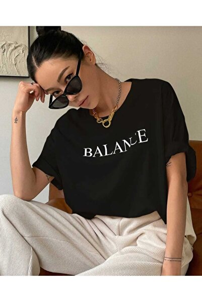 JENOLAN Balance Printed Μαύρο Oversize Casual Boyfriend T-shirt