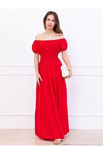 Flubutik فستان نسائي طويل الأكمام منسوج باللون الأحمر السولو