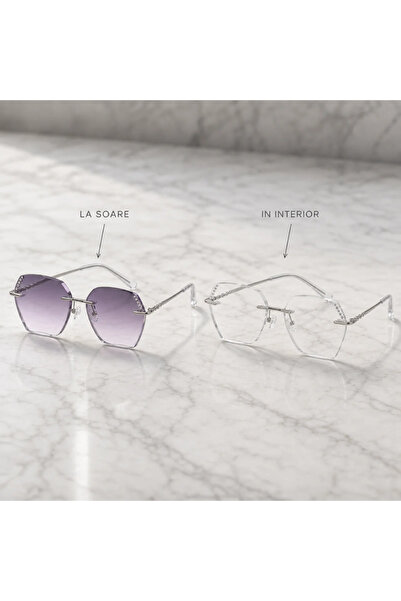 AVRALIA Ochelari de Soare Heliomati, Rama Rimless Silver cu Cristale, Lentile Heliomate Violet, Protectie UV400, Garantie, Pachet Complet