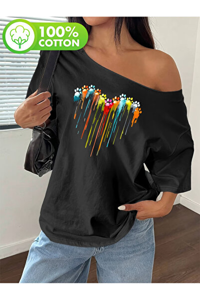 OVER HEAD Tricou pentru femei, cu imprimeu cu inimă și labă pictată, cu gât b...