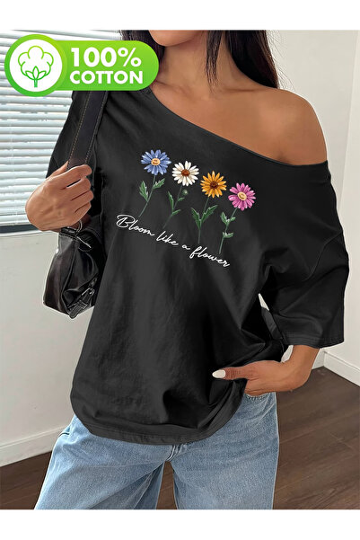 OVER HEAD Tricou pentru femei, 100% bumbac, cu imprimeu floral, cu decolteu b...