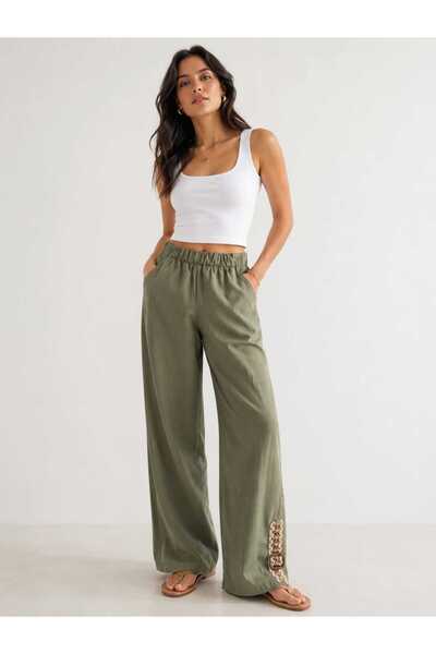 FERA Green Flam Cotton Linen Casual Fabric Pantalon