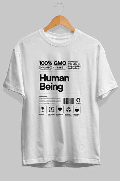 Ankhises Tricou alb cu imprimeu în față Human Being Oversize, 100% bumbac, îm...