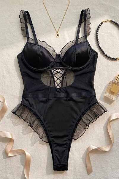 Lavishh Fırfırlı ve Dekolteli Siyah Bodysuit