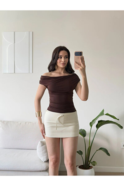 Zoom Butik Kayık Yaka Bluz - KAHVE