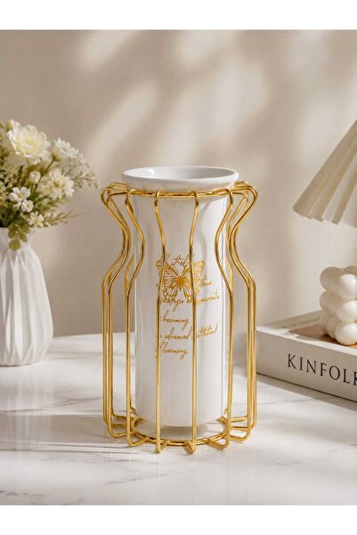 Genaric Elegant Ceramic Vase with Golden Metal Stand 21cm