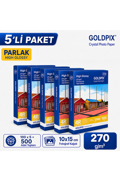Goldpix 270gr 10x15cm Parlak Fotoğraf Kağıdı - 5'li Paket 500 Adet High Gloss...