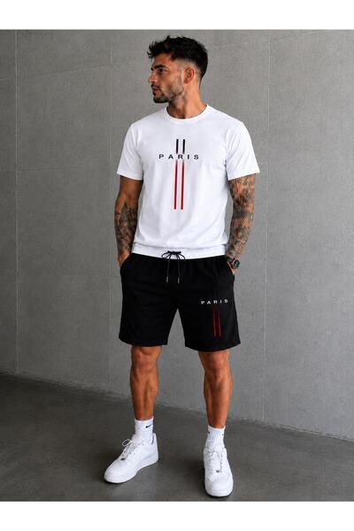 zeag SET PANTALONI SCURTĂTURI ȘI TRICOU BĂRBAȚI PARIS DUBLE CU LINII