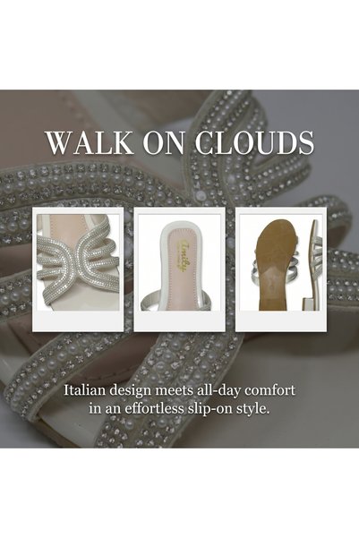 Dhiaa Walk New Product Promotion Glitter Pearl & Rhinestone Flat Slide Sandals - Women’s Slip-On Slippers with Sparkly Strap Detail