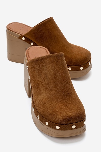 LuviShoes Bellune Tan Suede Genuine Leather Women's Thick Heeled Slippers wit...