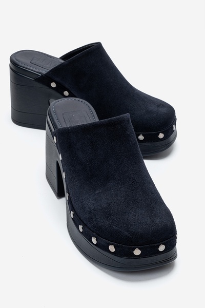 LuviShoes Bellune Navy Blue Suede Genuine Leather Women's Thick Heeled Slippe...
