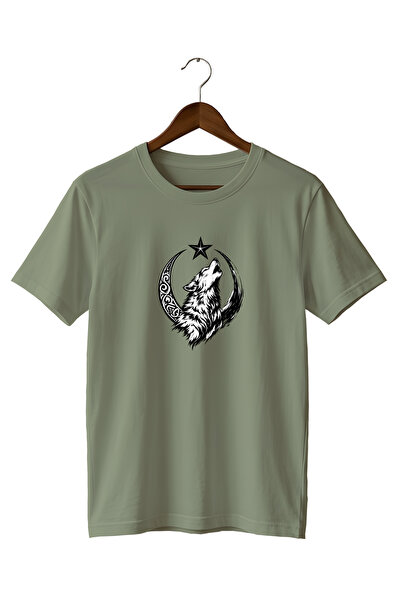 WİDİ Special Design Minimalist Snow Wolf and Moon Star Printed T-Shirt 100% C...