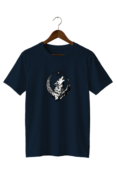 WİDİ Special Design Minimalist Snow Wolf and Moon Star Printed T-Shirt 100% C...