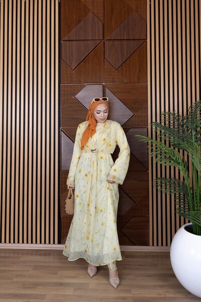 MVK MAVEKA COLLECTİON Bolero Buckle Flower Pattern Chiffon Dress
