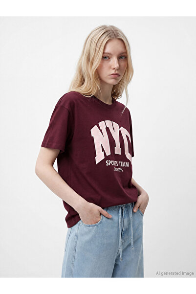 LC Waikiki Rmz Gi̇yi̇m Farki̇yla New York Printed 100% Cotton Women's T-Shirt