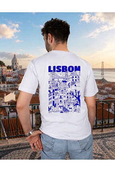 Krays Unisex White Lisbon Back Print Tshirt Knitted Cotton Lisbon City Illust...