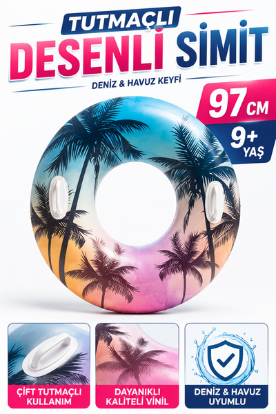 YILDIRIM OYUNCAK Tutmaçlı Desenli Şişme Deniz Simidi 97cm – Büyük Boy Havuz v...