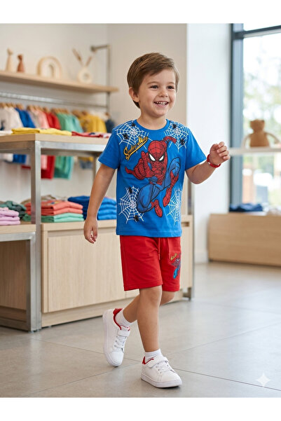 moda rüyası Boy's Spider-Man Printed Short Sleeve Shorts Set Blue-Red Summer ...