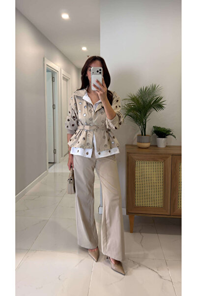 BİRCANÇİL Jerya Beige Bird's Eye Detailed Belted Poplin Suit