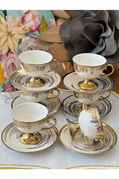 MD MİMOZA DEKOR Türk Kahve Fincanı Golden Wave 6 Kişilik 12 Parça