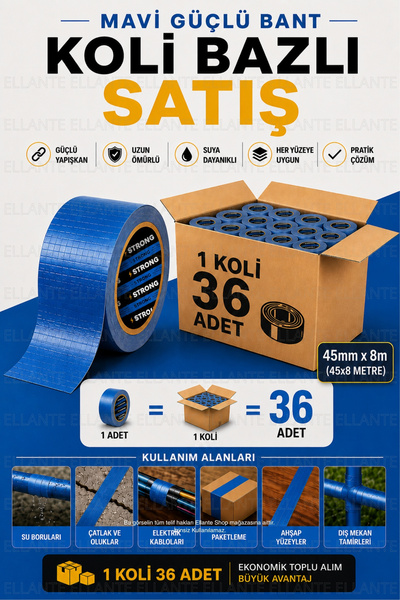 ellante Mavi Güçlü Tamir Bandı 45mm x 8m Çok Amaçlı Su Geçirmez Tamir Bandı 3...