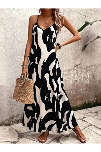 JANES Women's Rope Strap V-Neck Patterned Long Single Jersey Dress