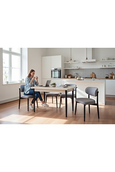 Genel Markalar T-6002 TRAVERTEN 70X120 MDF POLO AÇIK GRİ SANDALYE 4 KİŞİLİK Y...