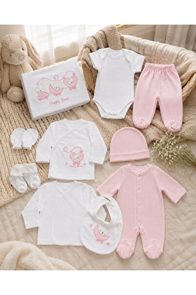 Pure Boutique Set nou nascut 10 piese roz Happy Bear, bumbac moale pentru fetite