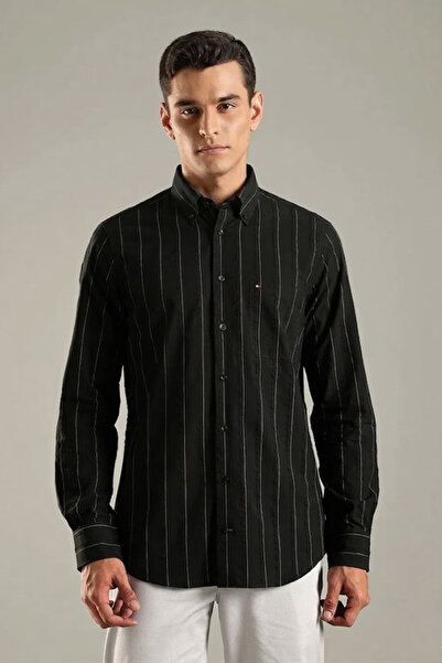 Tommy Hilfiger Mens Black Striped Regular Fit Cotton Shirt