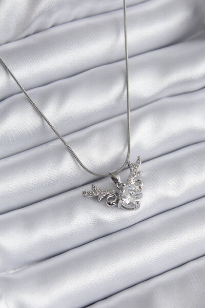 OGHAMAY 316L Steel Silver Color Zircon Stone Horn Model Women's Necklace
