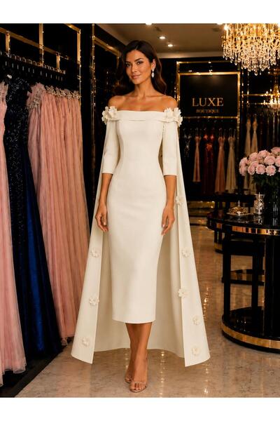 Hot Contact Floral Appliqué Cape Detailed Midi Evening Dress 5320