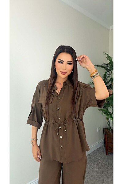 DİDEM GÜLTAKTI طقم نسائي بني بتفاصيل نفقية من Tunna
