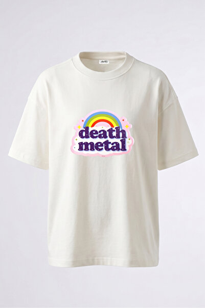 Anetos Death Metal Design Back Printed Cotton White Oversize T-Shirt