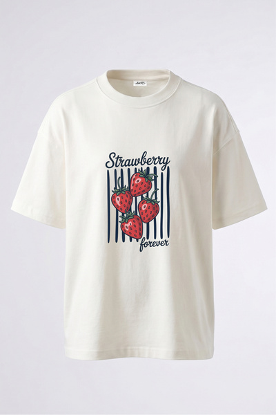 Anetos Tricou supradimensionat alb din bumbac, cu ilustrație de căpșuni și im...