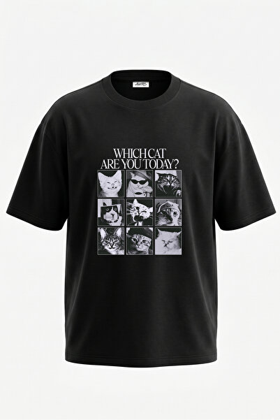 Anetos Tricou oversize negru din bumbac cu imprimeu pe spate Cat Mood Design