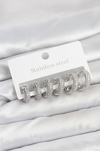 OGHAMAY 316L Steel Silver Color Zircon Stone Hoop Earrings Set