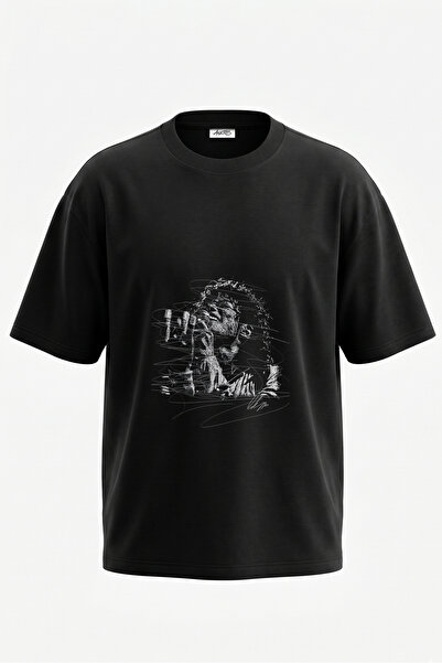 Anetos Bob Marley Design Spate cu imprimeu Bumbac Negru supradimensionat tricou