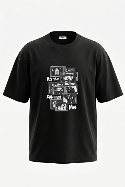 Anetos Tricou supradimensionat negru din bumbac cu imprimeu Oz Fight Design
