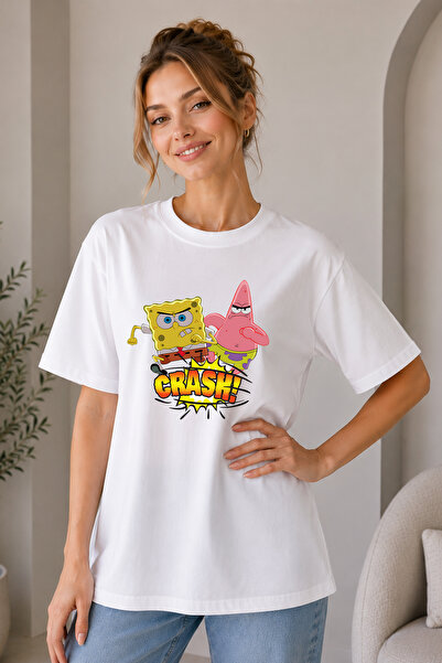 FANA Spongebob and Patrick Printed Unisex Oversize T-Shirt Cotton Short Sleev...