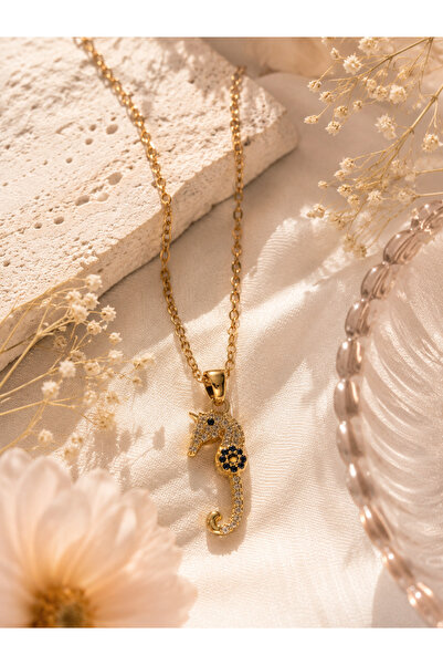 Sylvera Shop Seahorse Evil Eye Steel Necklace (Gold Color)