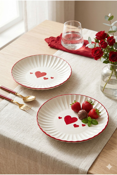 Homerest 2'li Set Kırmızı Kalp Desenli Seramik Yemek ve Sunum Tabağı Dalgalı ...