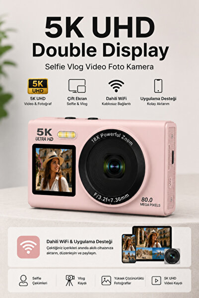 RoseandRoses 5K UHD Double Display Selfie Vlog Video Foto Kamera (Pembe)