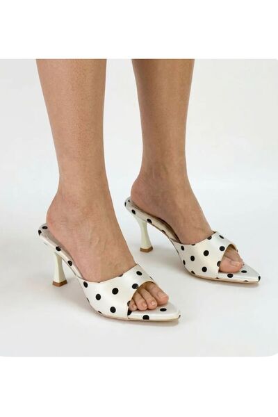 yıldızpark White Polka Dot Satin Women's Heeled Slippers