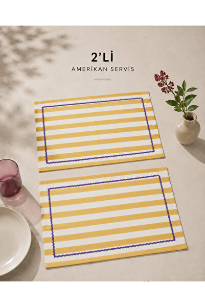 Beige & Stone Sarı Çizgili Mor Biyeli Amerikan Servisi 2'li Set 33x44 cm Sofr...