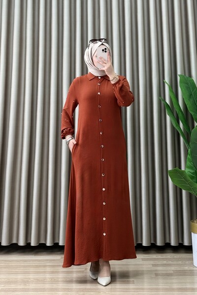 ALYA CANDAN ELBİSE Ayrobin Kumaş Kadın Turuncu Boydan Açılabilir Düğmeli, Kol...
